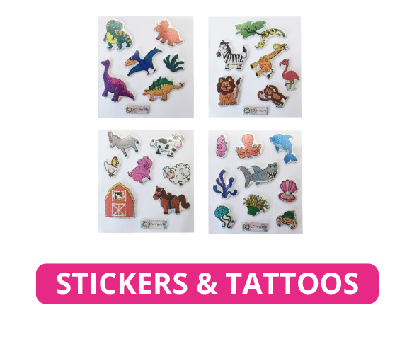 Uitdeelcadeautjes stickers en tattoos, vrolijke traktatievellen