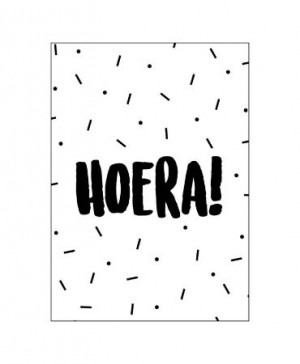 Ansichtkaart Hoera! wit met zwarte streepjes