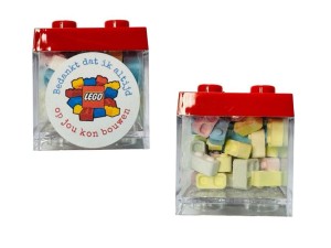 Lego-blokje bedankje met snoep – “Bedankt dat ik altijd op jou kon bouwen”