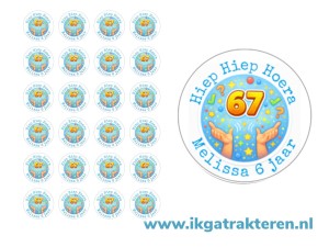 67 traktatie stickers met tekst 24 op vel