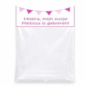 Hoera een Zusje Traktatie zakje met label met tekst