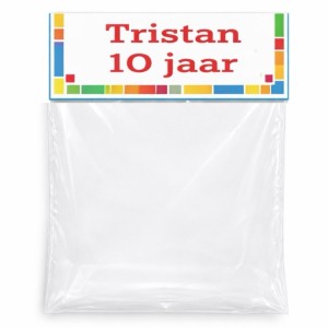 Bouwstenen traktatie zakje met label met tekst