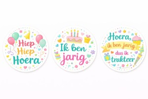 Verjaardag traktatie sticker pastel – Hiep Hiep Hoera | Ik ben jarig | Ik trakteer (per stuk)