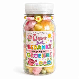 Bloemsnoepjes Flesje met Armbandje – Lieve Juf Bedankt dat je mij liet Groeien