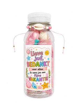 Lieve Juf, Fijne Vakantie! Cadeauflesje met Schelpsnoepjes en Schelparmbandje