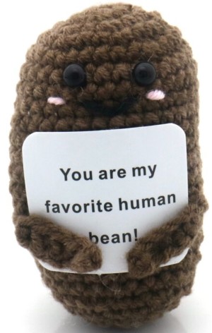 Positieve Human Bean Knuffeltje met Kaartje – Gehaakt Gelukspoppetje