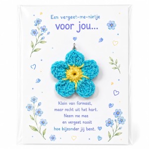 Gehaakt vergeet-me-nietje sleutelhanger - Pocket Hug 'Een vergeet-me-nietje voor jou'
